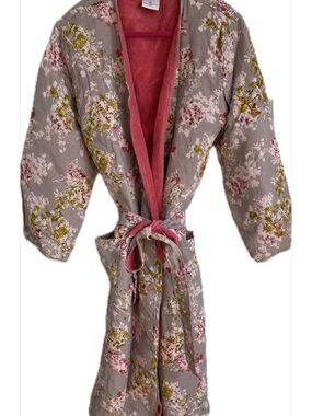Yves Delorme Floral Linen Bathrobe Knee Length, Cotton Terry Lined